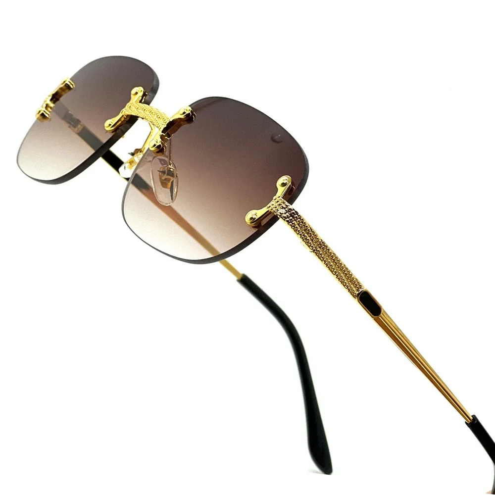 Rimless Sunglasses Men Gold Accents Brown Lens Fashion Shades Street Wear Lentes